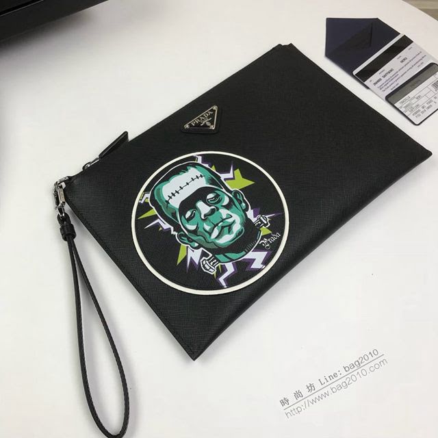 prada手包 普拉達新款皮革手拿包 2NH005 PRADA十字紋牛皮黑色手拿包  pyd2243
